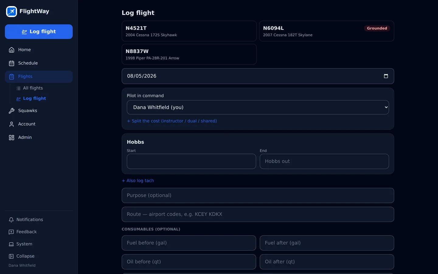The FlightWay log flight screen with hobbs and tach entry, route, fuel and oil, and notes