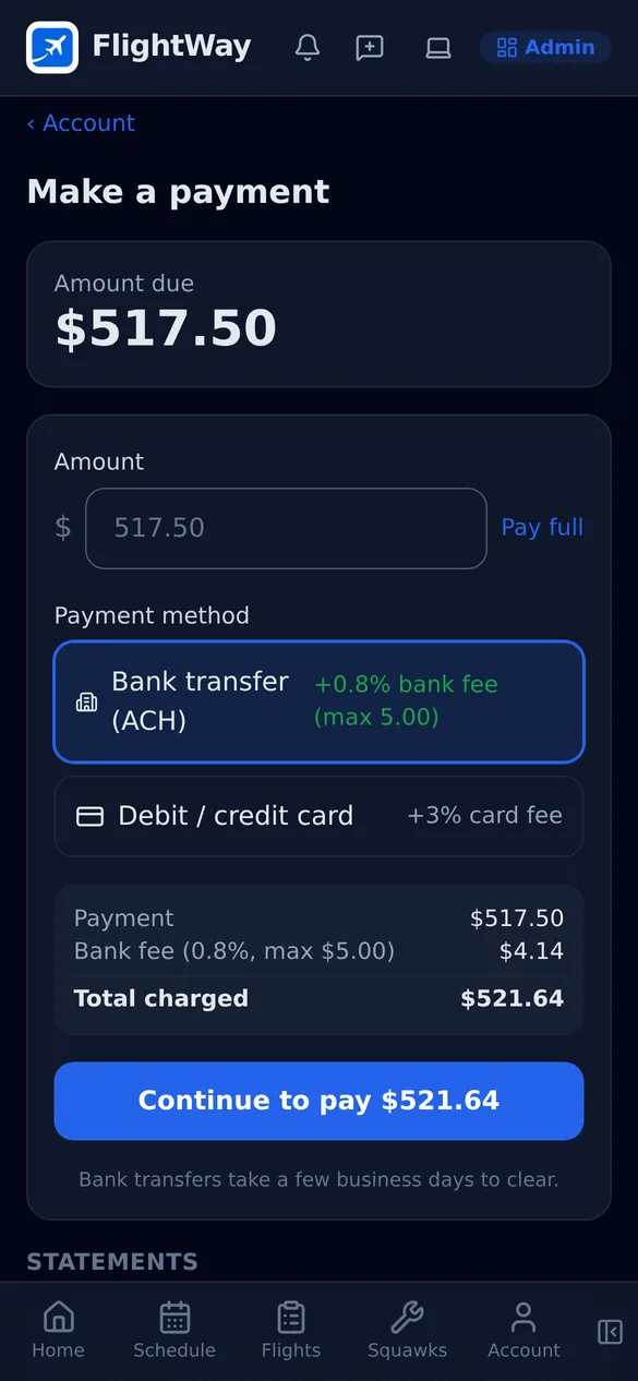 The FlightWay member payment screen on a phone showing the amount due, payment method and fees