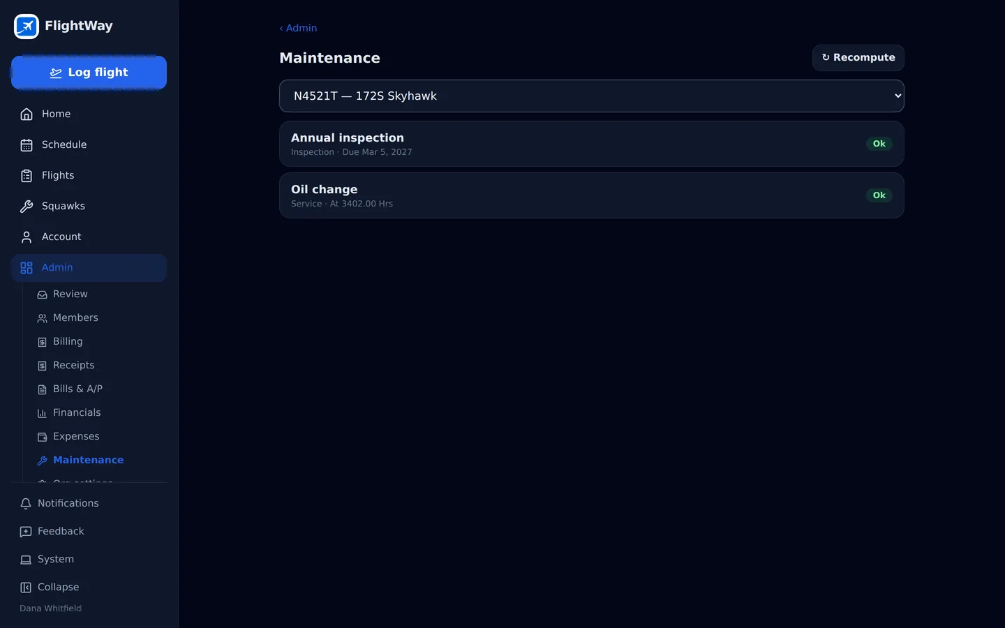 The FlightWay maintenance due list showing inspections and services with hours and dates remaining