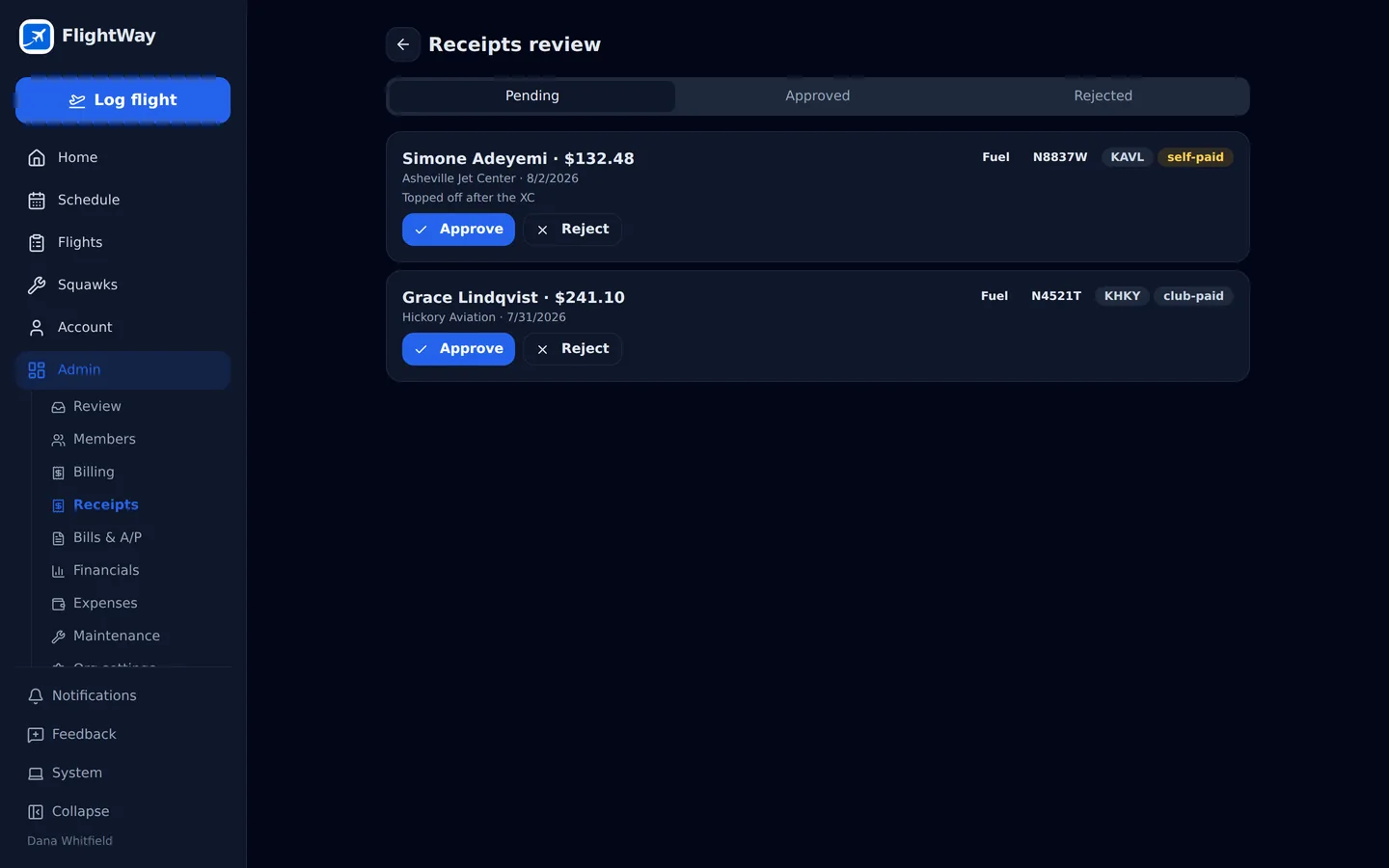 FlightWay receipt approval screen showing a photographed fuel receipt ready to post