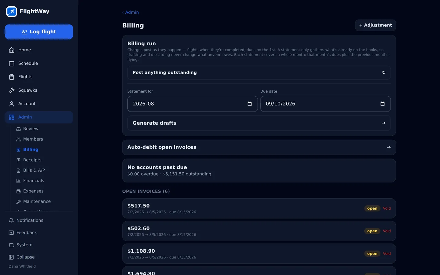 The FlightWay billing run screen showing draft statements per member before approval