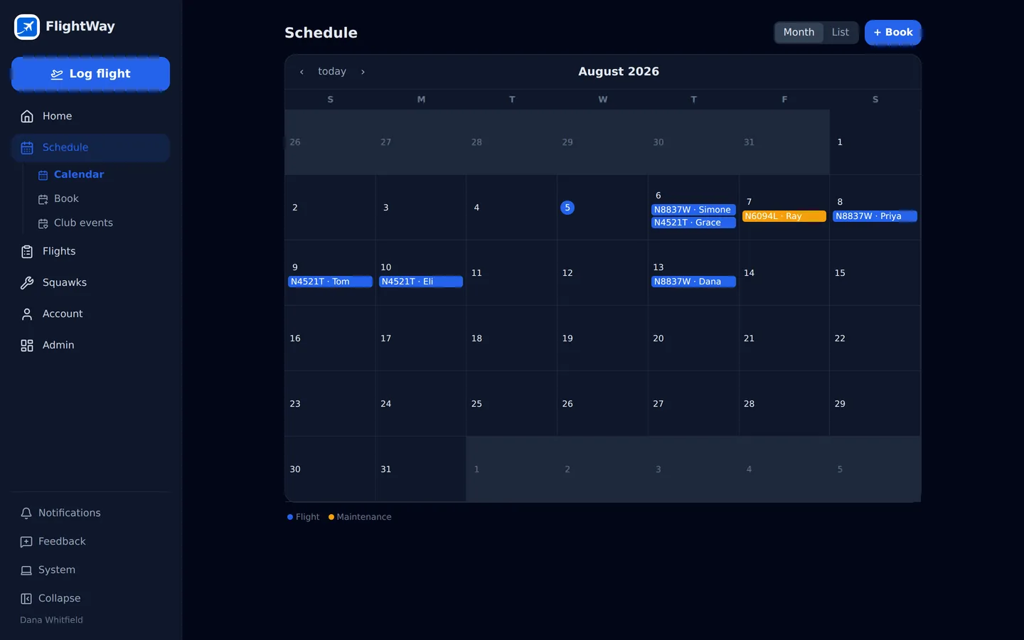 FlightWay month calendar showing bookings colour-coded by aircraft, with maintenance blocks in a separate colour